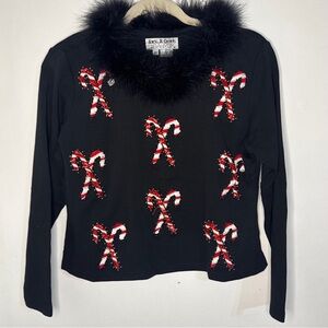 Jack B Quick M Christmas Holiday Sweater Candy Canes Beading Black, Red, White